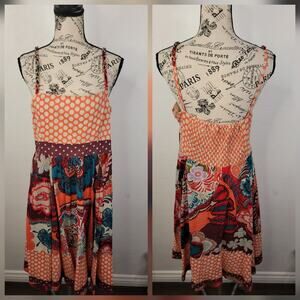 Derhy Babydoll Dress SZ M Cottage Colorful Summer Festival Sleeveless Artsy